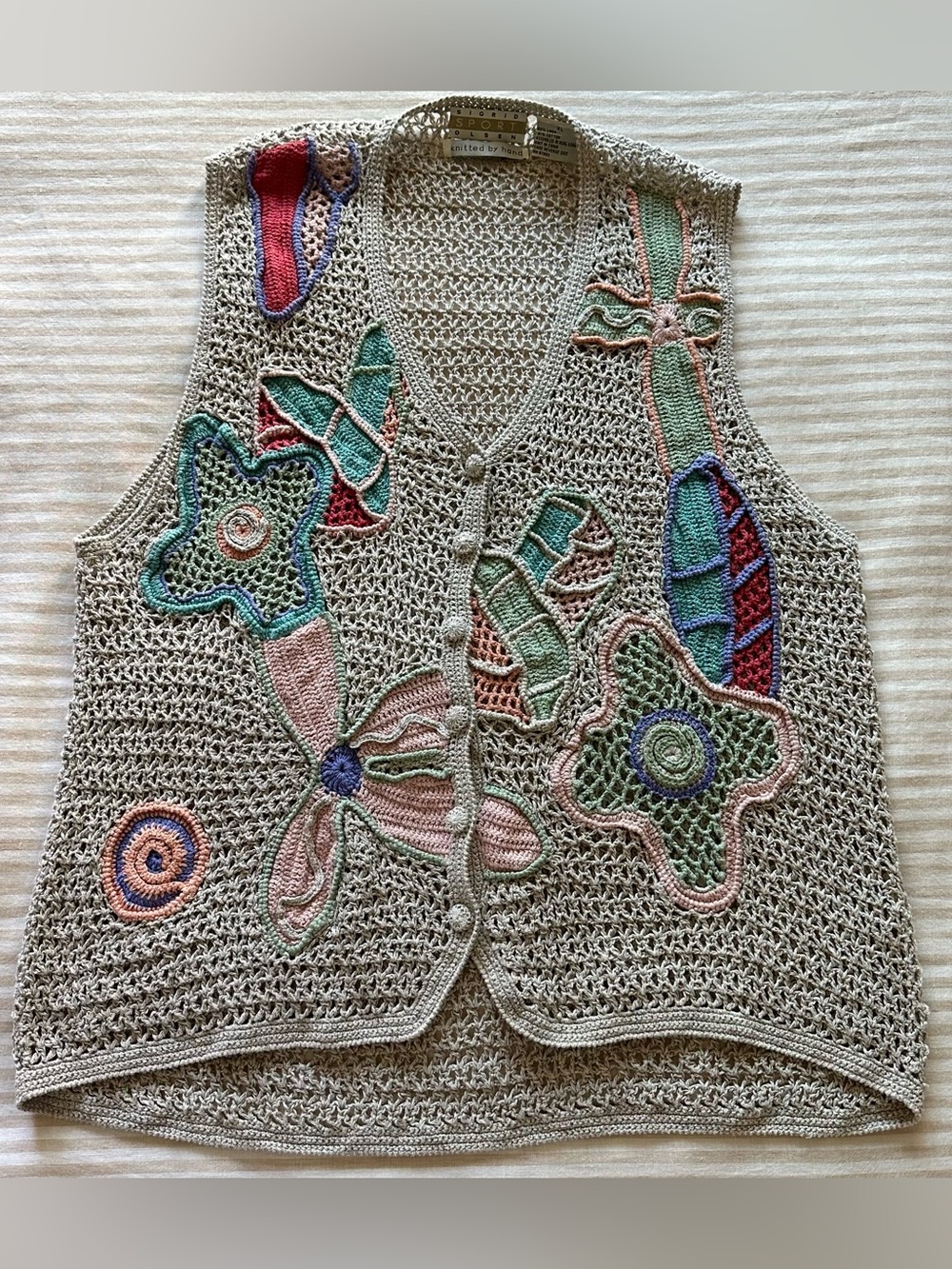 vintage sigrid olsen sport linen/cotton abstract handknit vest / sz xl
